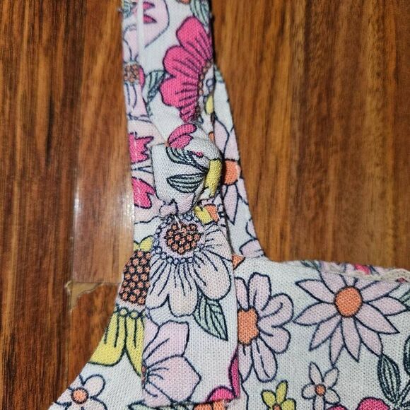 Btween White Pink Orange Floral 2 Piece Set Peplum Tanktop Wide Leg Linen Pants - Picture 7 of 8